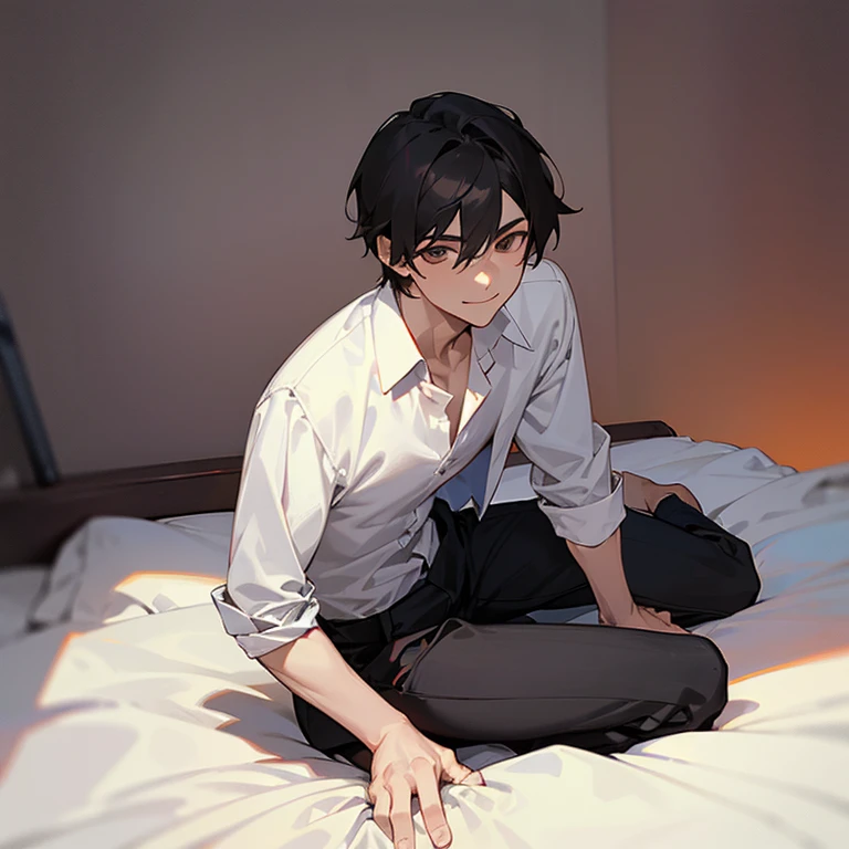 1 Boy, dark hair, white shirt, black slacks,on sheets, kneeling, sitting upright, shirt bare, open clothes, cool, evil smile,pale skin,(background: on bed in bedroom), frontal angle,sunset, high quality, high resolution, masterpiece