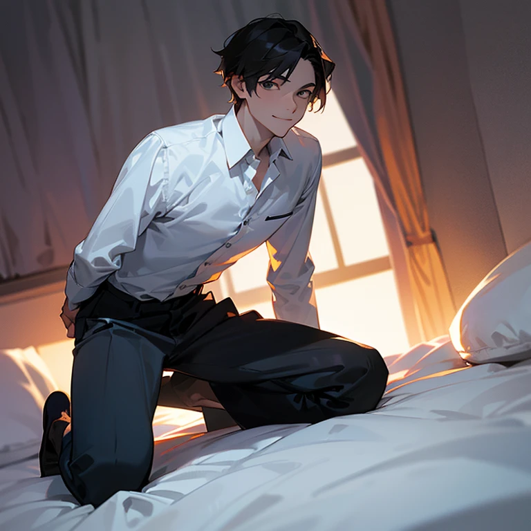 1 Boy, dark hair, white shirt, black slacks,on sheets, kneeling, sitting upright, shirt bare, open clothes, cool, evil smile,pale skin,(background: on bed in bedroom), frontal angle,sunset, high quality, high resolution, masterpiece
