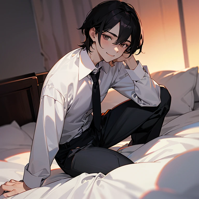 1 Boy, dark hair, white shirt, black slacks,on sheets, kneeling, sitting upright, shirt bare, open clothes, cool, evil smile,pale skin,(background: on bed in bedroom), frontal angle,sunset, high quality, high resolution, masterpiece