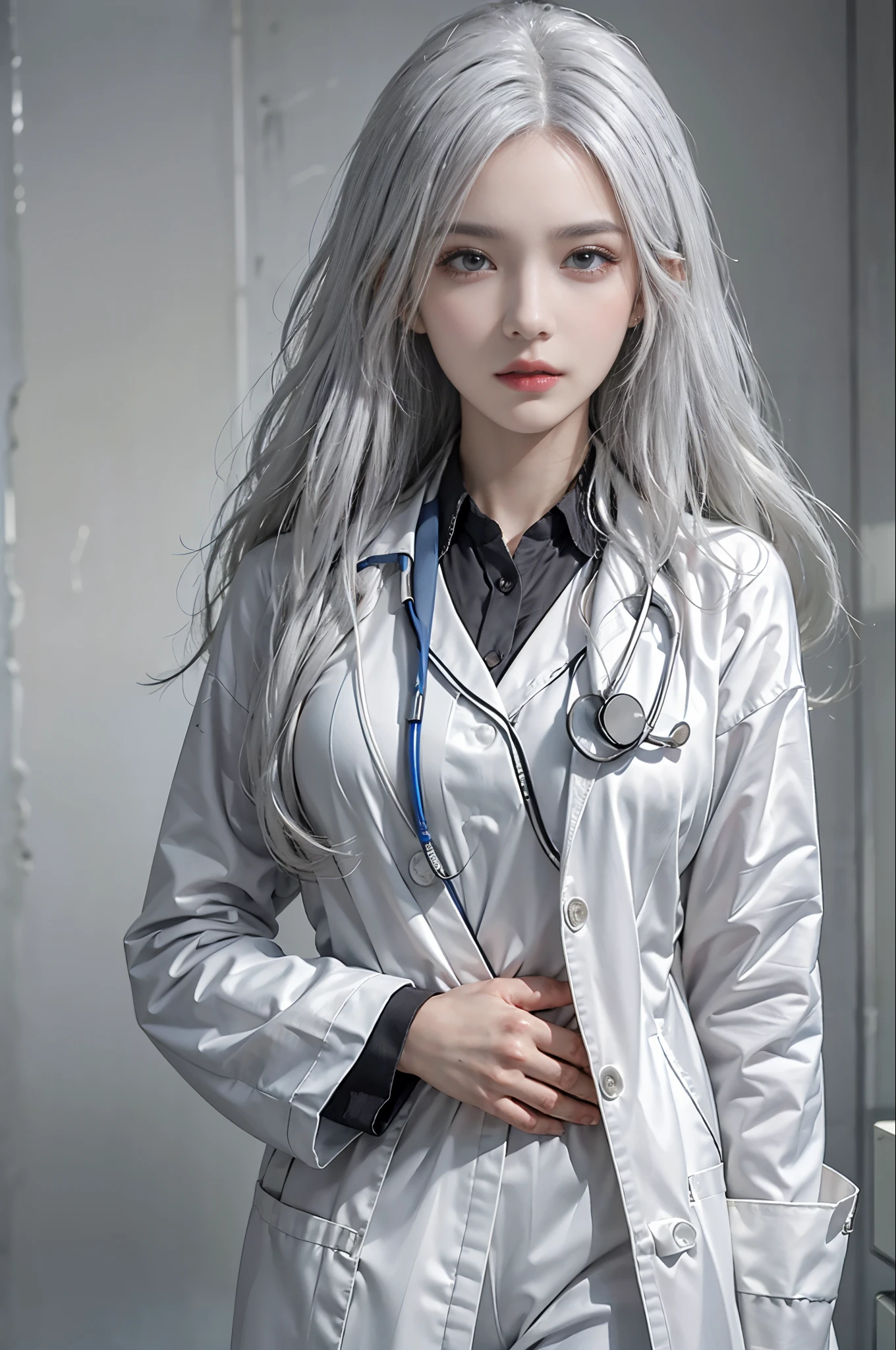 photorealistic, high resolution, 1 women, solo, hips up, look at viewer, (detailed face), white hair, Long Hair, doctor outfit, name tag, blouse