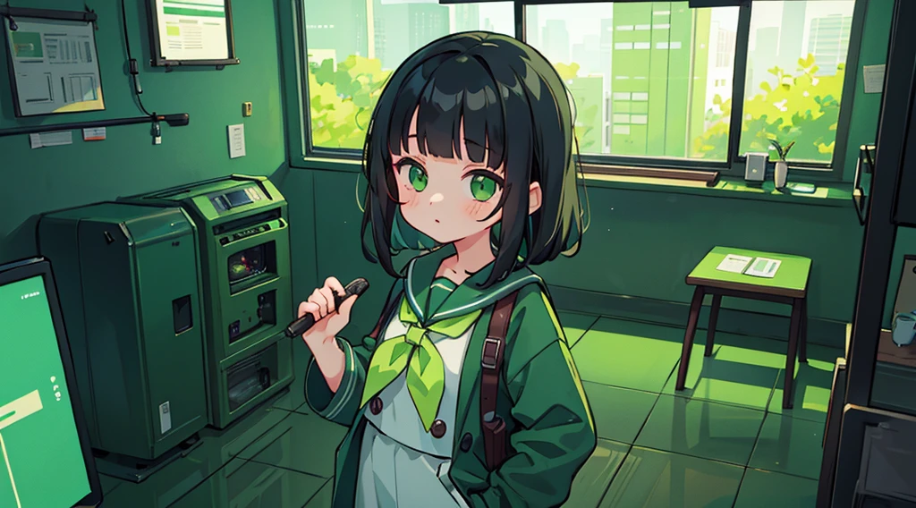 1girl, black hair, blunt bangs, green eyes, (sailor suit), hand in pocket, green cyberpunk room, green fluorescent light, big window