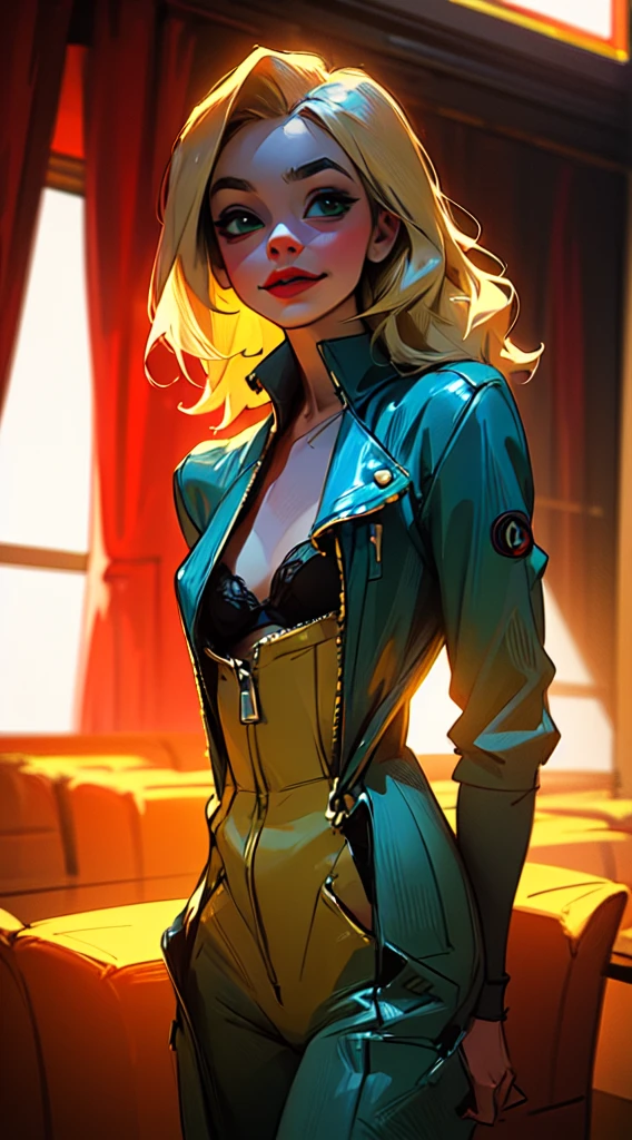 Harley quinn dressed in golden overalls with roller skates , overalls with zip open on the front with semi-transparent green and blue rhombuse colored lingerie, long light blond hair and of 2 colors green and light blue, face 100% Margot Robbie, make-up profissional , fuzzy rich luxurious House cinematic soft lighting, this masterpiece of 16k photography
