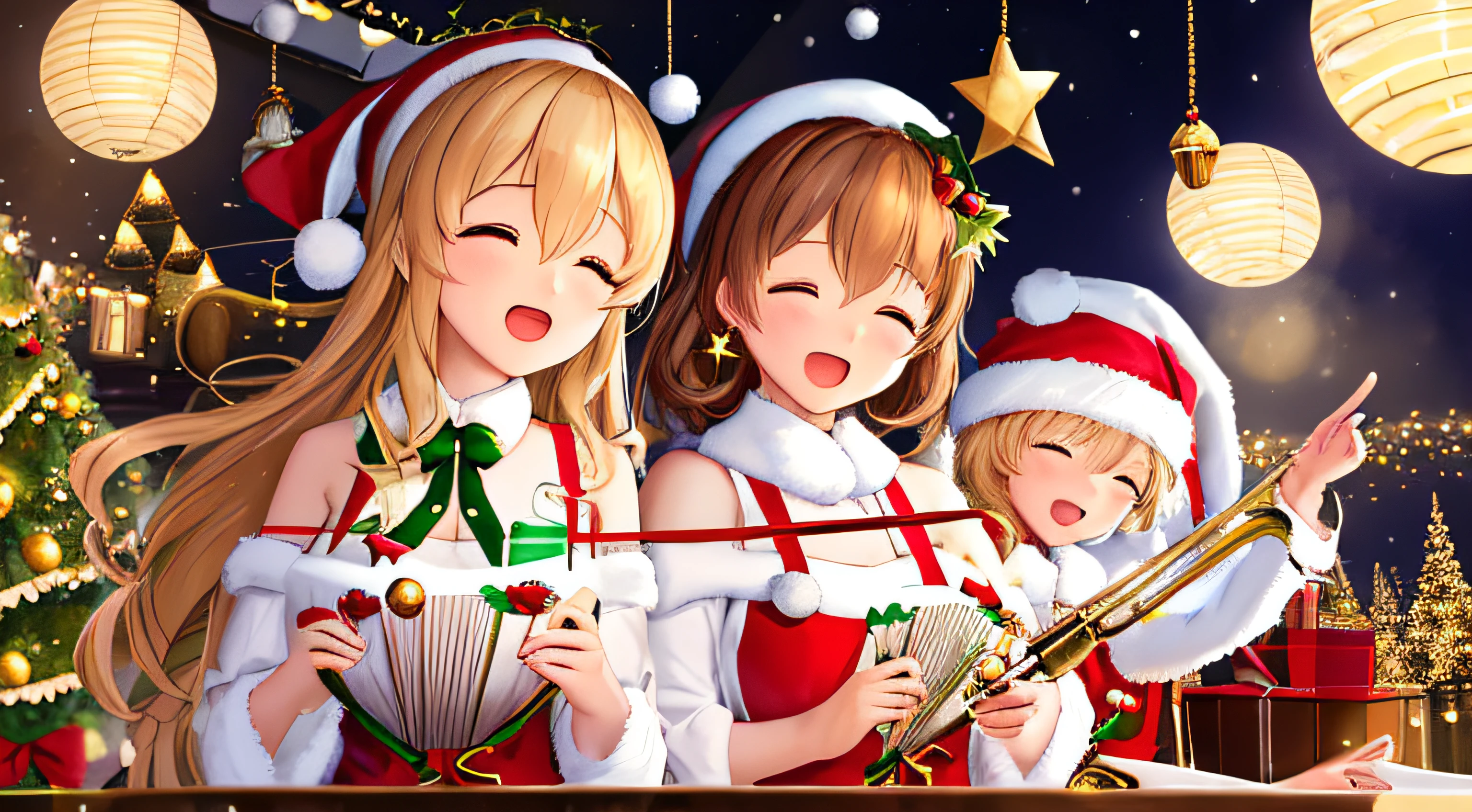 the atmosphere is fun、tome'bright and airy、Incorporate elements of Christmas cheer and banter。as a musical instrument、bright piano and trumpet、jingle bells etc..、Utilize Christmas-like musical instruments。pure、Add comical sound effects and laughter、Please create a song that allows you to work while relaxing..