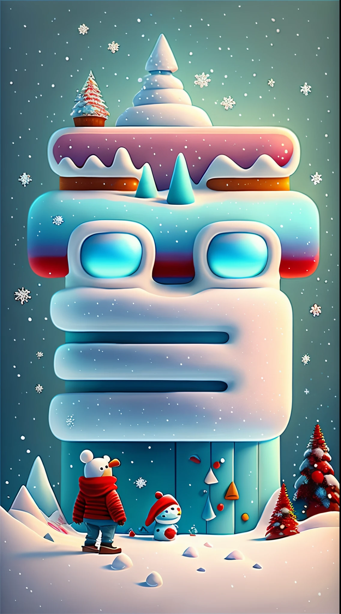 (Pixar Creative Holiday Poster Design),(Huge snowy mountains),(Cute Snowman),cartoony,pixar-style,Fantasyart,Surreal,,the ultra-detailed,