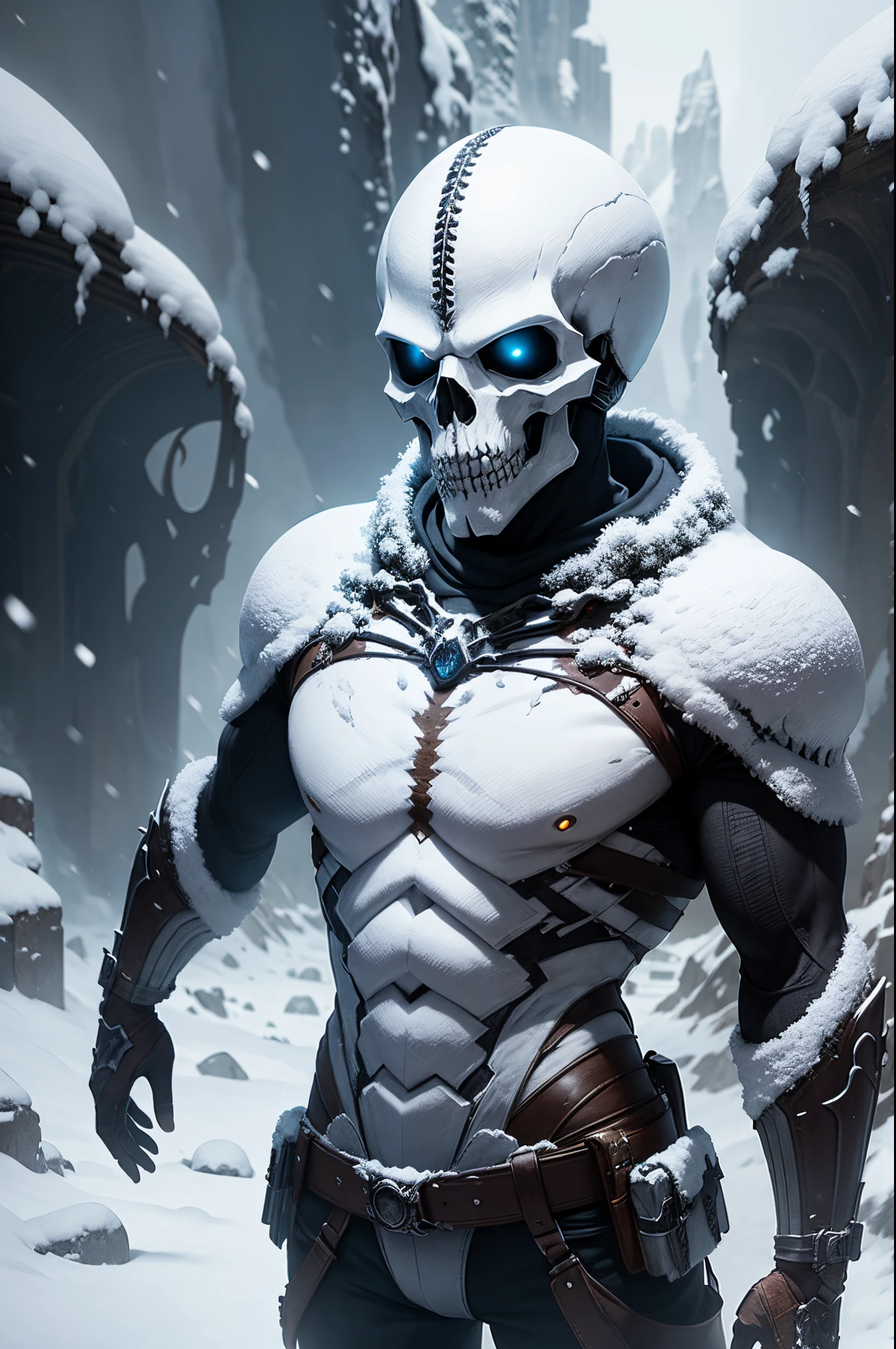 Snowy Valley of Skulls, world after the apocalypse, snowing, skulls in the snow, alien skulls