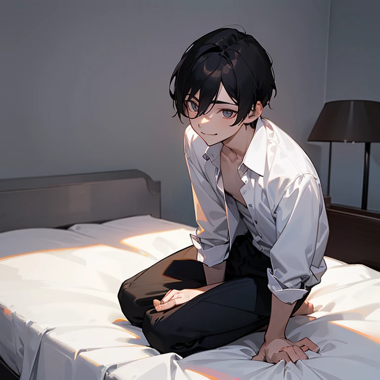 1 Boy, dark hair, white shirt, black slacks,on sheets, kneeling, sitting upright, shirt bare, open clothes, cool, evil smile,pale skin,(background: on bed in bedroom), frontal angle,sunset, high quality, high resolution, masterpiece