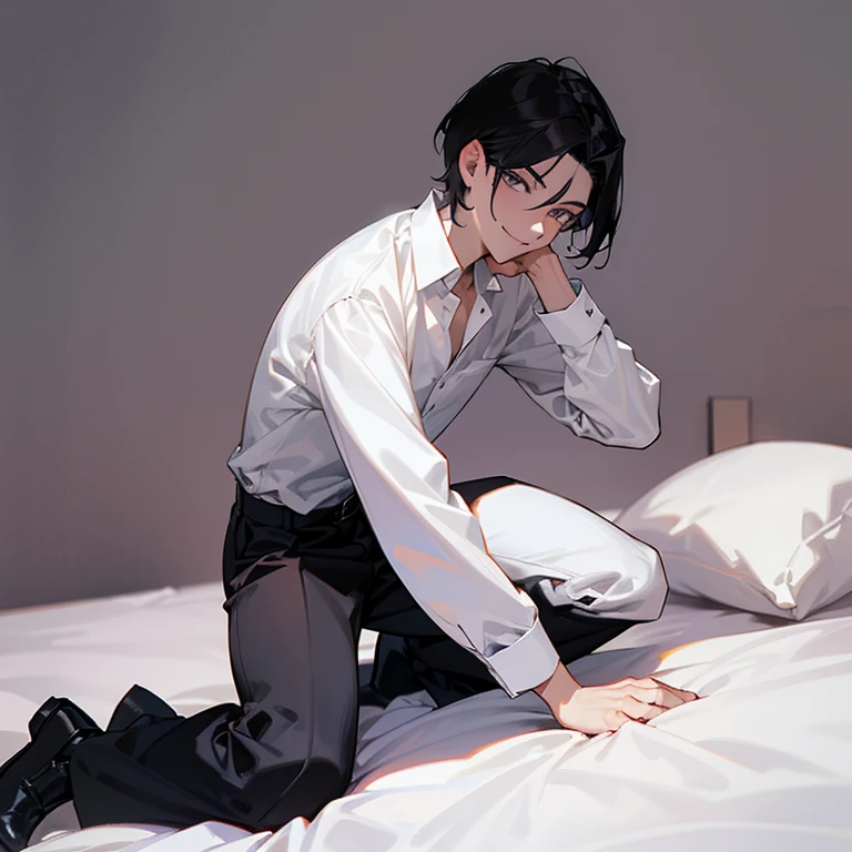 1 Boy, dark hair, white shirt, black slacks,on sheets, kneeling, sitting upright, shirt bare, open clothes, cool, evil smile,pale skin,(background: on bed in bedroom), frontal angle,sunset, high quality, high resolution, masterpiece
