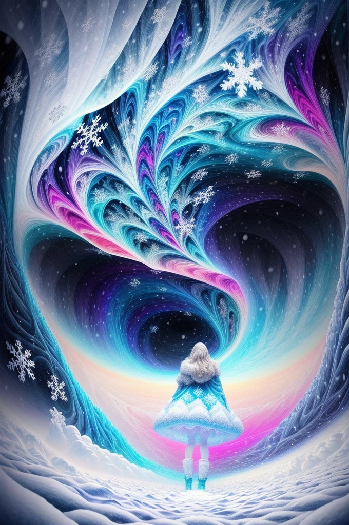 (Girl stands in front of white snow vortex: 1.5),((Pure white snowflakes, white snow around,The truth, expecting, depth of fields, insight, I got it, Monte, snow covered, translucent clouds, spectrum, in a panoramic view, snow cycle, Crazy, Web portals, The large, White light, global snowflake,The sky is covered with beautiful snowflakes)),Vibrant white light color,thickline,turbulent snowflakes,Multi-layered,foreground、Faraway view、fractal thunder dan mumford,danford and alex gray style,psychedelic surreal art,Surrealist psychedelic design,dream art style,Illusion psychedelic art,Infinite white snow psychedelic wave,inspired by Cyril Rolando (Cyril Rolando),Realistic snow ripple structure,Psychedelic snow art style,trippy art,psychedelic illustrations,(Alone),(RGB color,Ultra-high saturation)