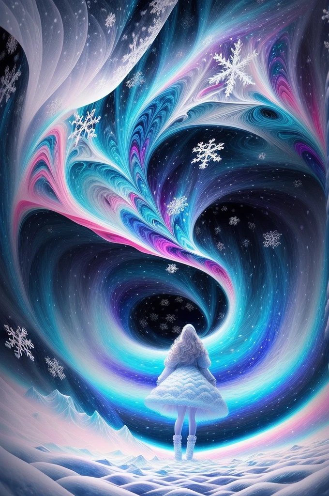 (Girl stands in front of white snow vortex: 1.5),((Pure white snowflakes, white snow around,The truth, expecting, depth of fields, insight, I got it, Monte, snow covered, translucent clouds, spectrum, in a panoramic view, snow cycle, Crazy, Web portals, The large, White light, global snowflake,The sky is covered with beautiful snowflakes)),Vibrant white light color,thickline,turbulent snowflakes,Multi-layered,foreground、Faraway view、fractal thunder dan mumford,danford and alex gray style,psychedelic surreal art,Surrealist psychedelic design,dream art style,Illusion psychedelic art,Infinite white snow psychedelic wave,inspired by Cyril Rolando (Cyril Rolando),Realistic snow ripple structure,Psychedelic snow art style,trippy art,psychedelic illustrations,(Alone),(RGB color,Ultra-high saturation)