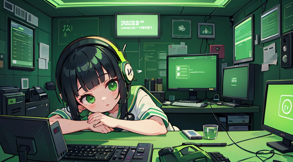 1girl, black hair, blunt bangs, green eyes, sailor suit, headphones, green cyberpunk, room with big monitors, room with big windows, green neon