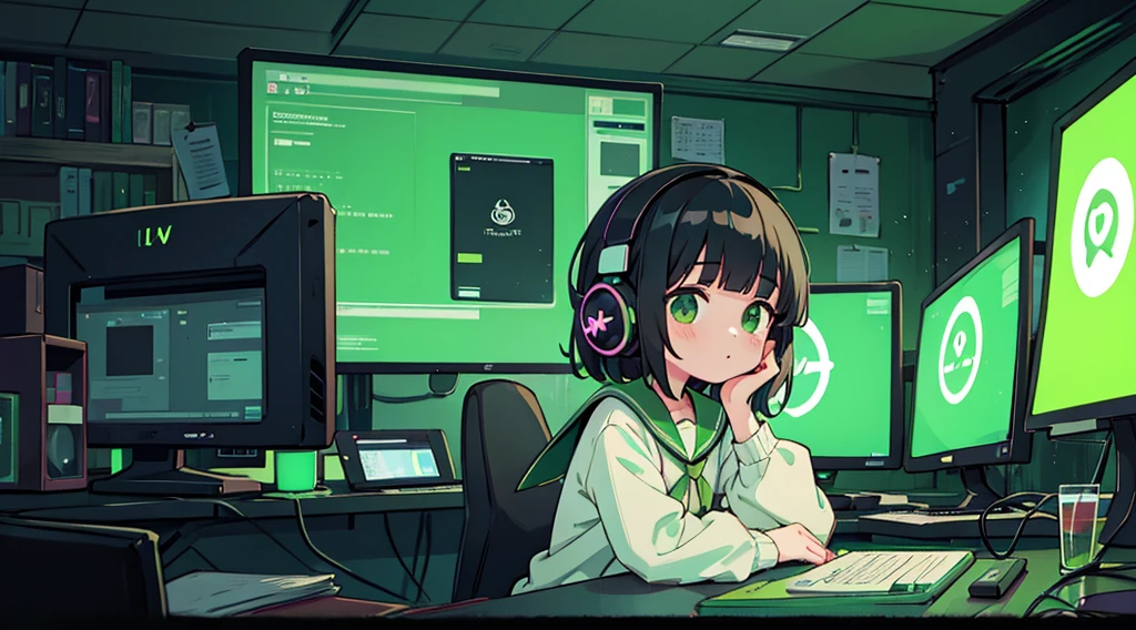 1girl, black hair, blunt bangs, green eyes, sailor suit, headphones, green cyberpunk, room with big monitors, room with big windows, green neon