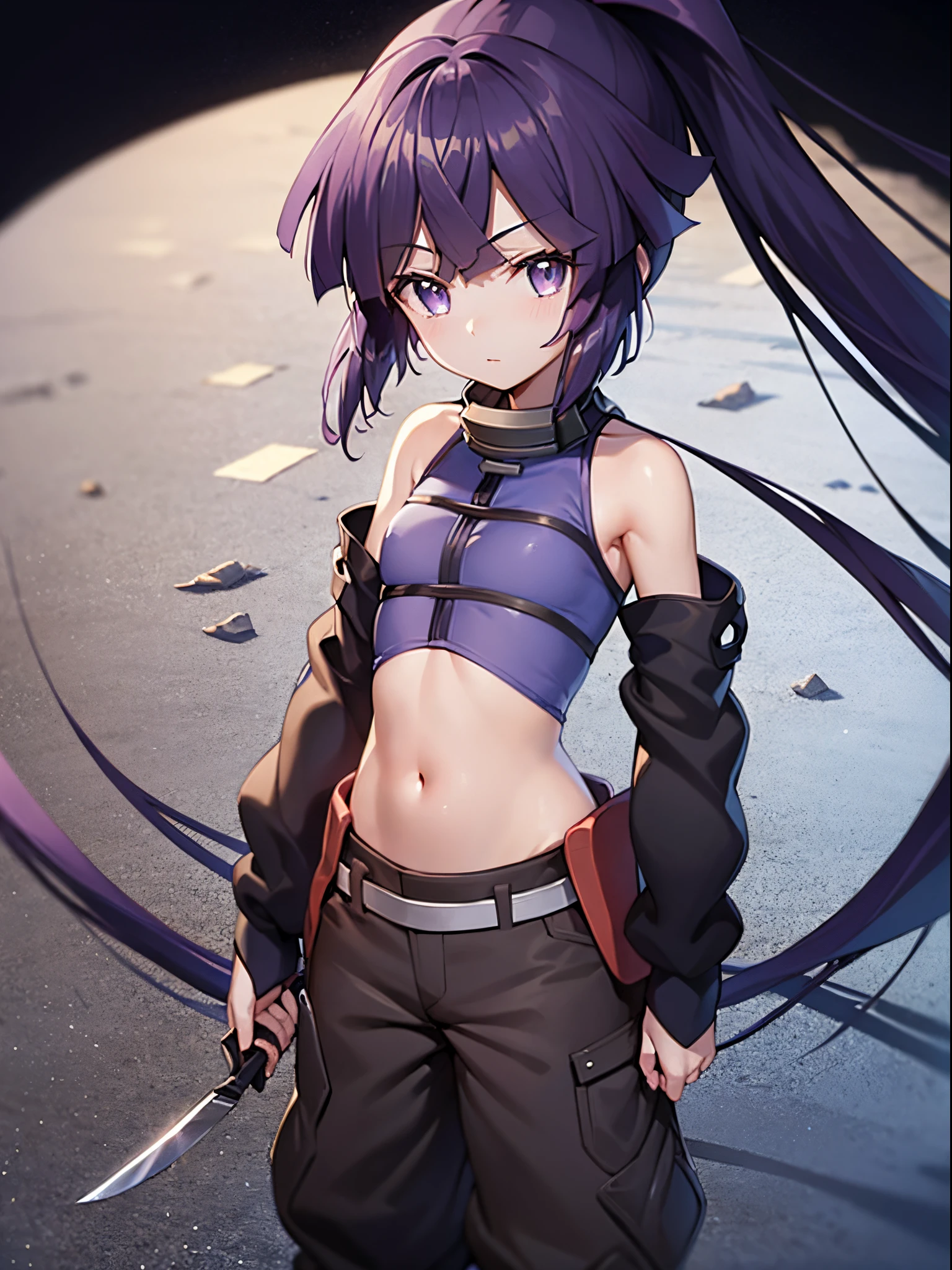 top-quality, [３D image:1.15]、[8k picture:1.15]、Akatsuki、Three-dimensional feeling, top-quality、(Purple hair close to black on black background、Shining eyes、Beautiful eyes of the city shining in seven colors), Bundle Ponytail、 [[Log Horizon:1.10]], Bow, ​masterpiece, top-quality, Hi-Res,Black-purple hair, 、Ninja pants、Little Girl、Knives、Absolute standard centered on the navel