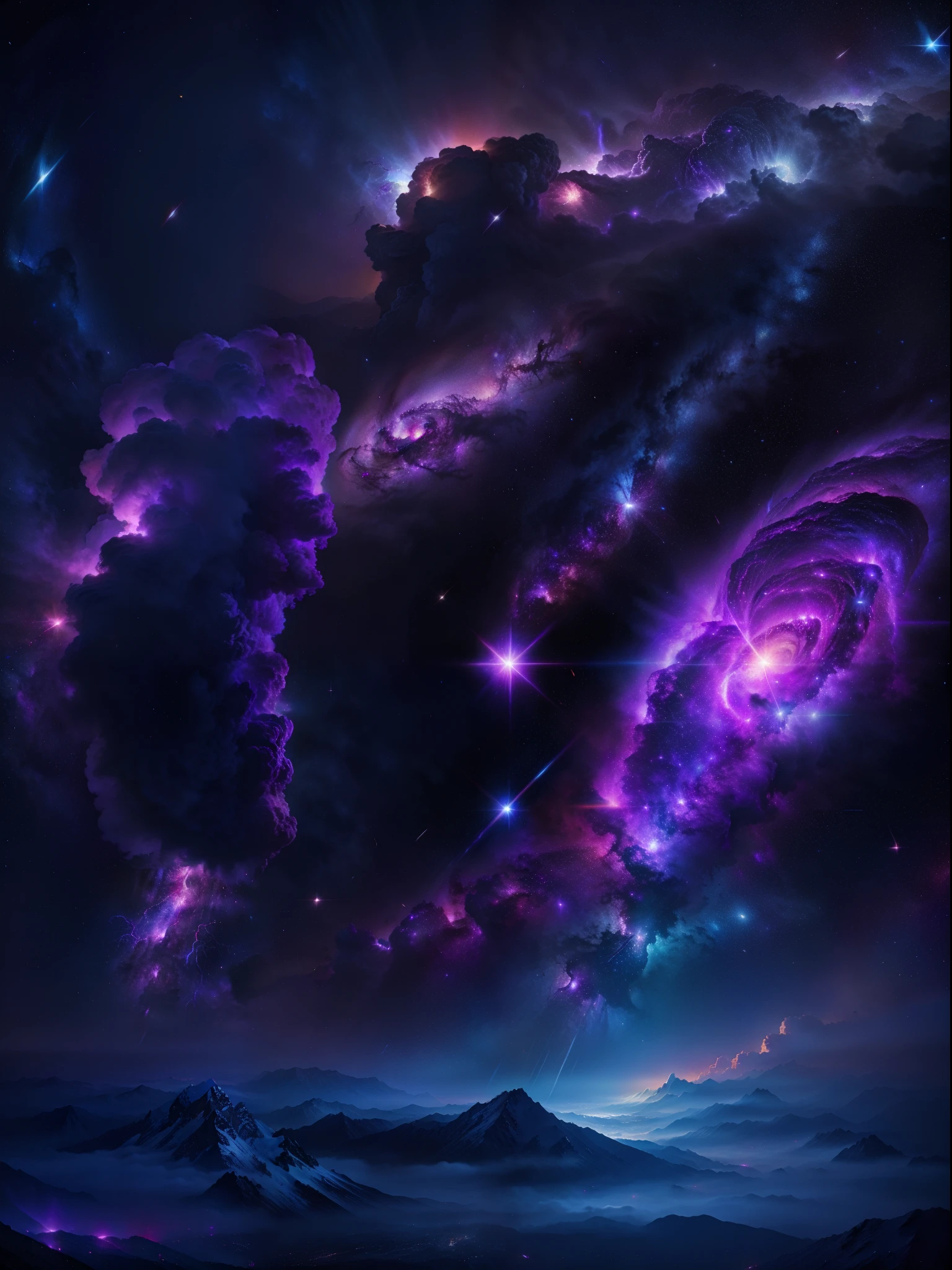 purple epic cosmic storm, with nebula background, (hyper realistic), (masterpiece), interstellar, galaxy, 8k --height 768, stunning screensaver