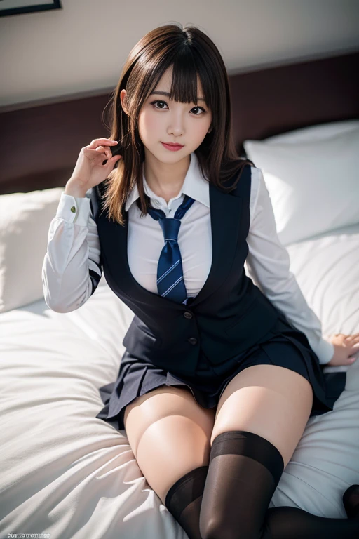 (masterpiece:1.3), (8K, Photorealsitic, Raw photography, Top image quality: 1.4), Classy elite girl sitting on a park bench, Phenomenally cute face、wearing japanese school uniform, Wear ultra-realistic pantyhose、japanese girl school uniform, Japan school uniform, wearing headmistress uniform, Young Pretty Gravure Idol, photograph taken in 2 0 2 0, dressed as schoolgirl, Wearing school uniform, Wearing a strict business suit, Young skinny gravure idol, Seifuku、Full-length and black stockings, pantyhose tights, Complete legs, 19-year-old girl, 1 8 I, Posing in the bedroom, nylon tights, Leg and thigh shots, Posing in bed, wearing in stocking