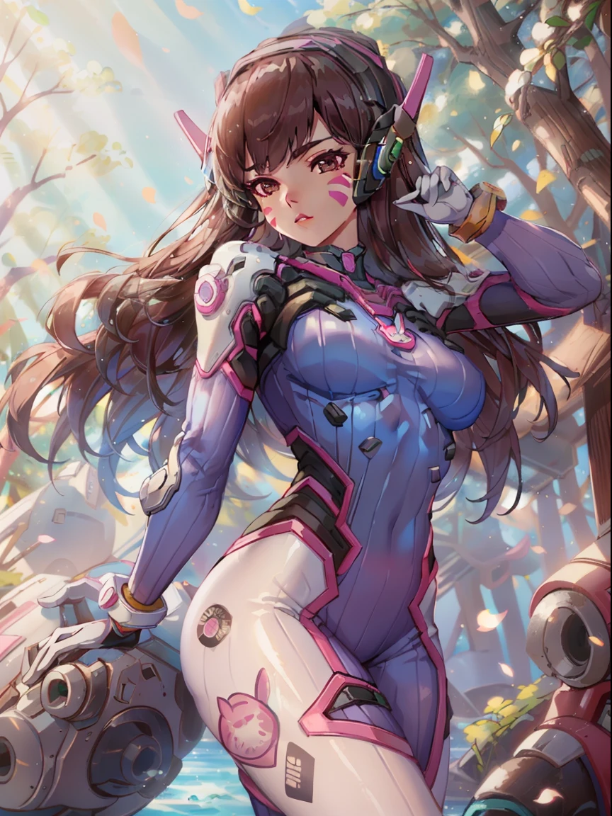 (masterpiece, best quality),  intricate details,
1girl,   1girl, d.va (overwatch), solo, long hair, whisker markings, bodysuit, brown hair, facial mark, gloves, breasts, brown eyes, pilot suit, cowboy shot, headphones, white gloves, medium breasts, swept bangs, skin tight, animal print, bangs, bunny print, ribbed bodysuit, facepaint, pink lips, Forest glade, day