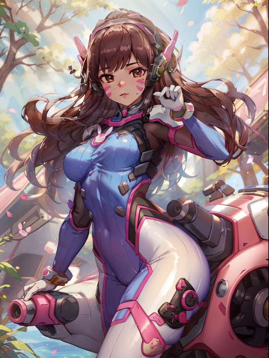 (masterpiece, best quality),  intricate details,
1girl,   1girl, d.va (overwatch), solo, long hair, whisker markings, bodysuit, brown hair, facial mark, gloves, breasts, brown eyes, pilot suit, cowboy shot, headphones, white gloves, medium breasts, swept bangs, skin tight, animal print, bangs, bunny print, ribbed bodysuit, facepaint, pink lips, Forest glade, day