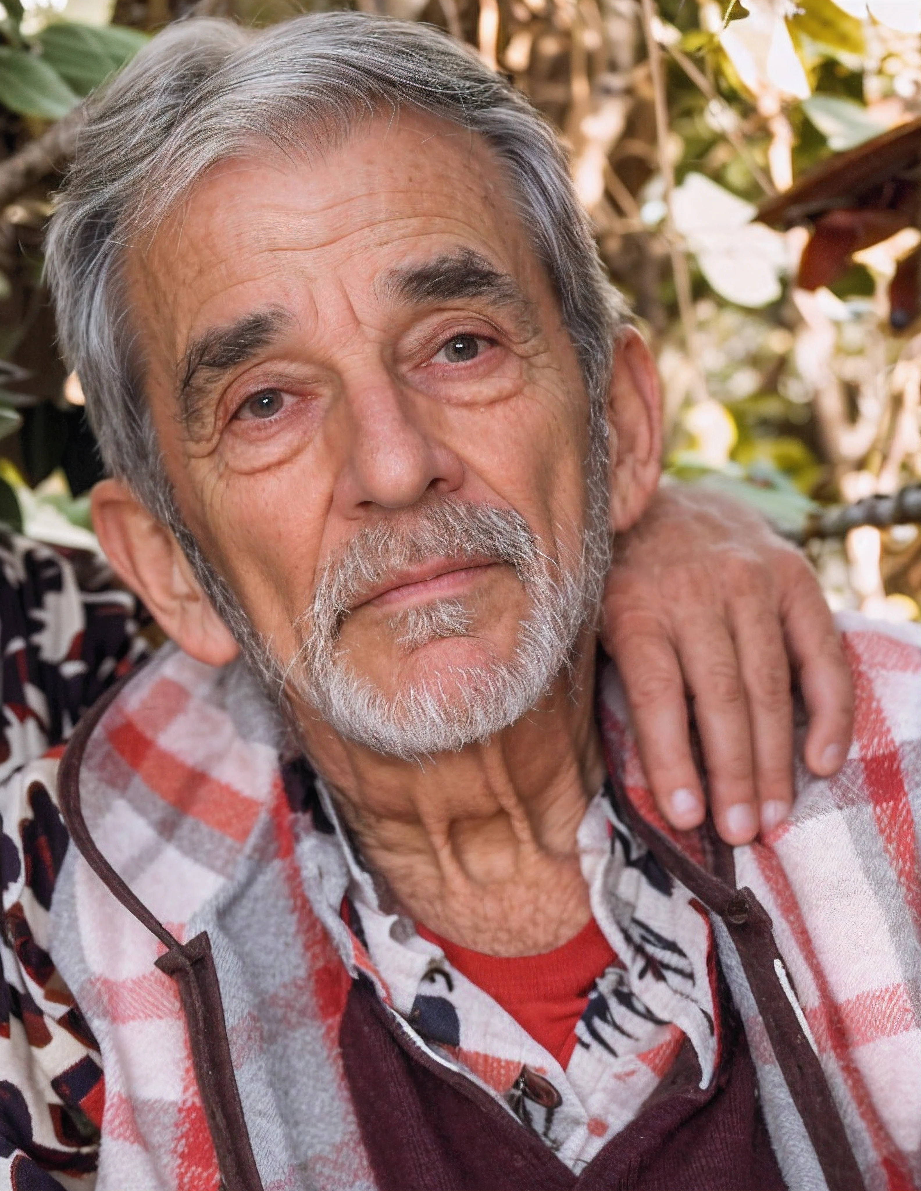 There is a 73-year-old man with a beard and gray hair and a red plaid shirt, branca, cinza,