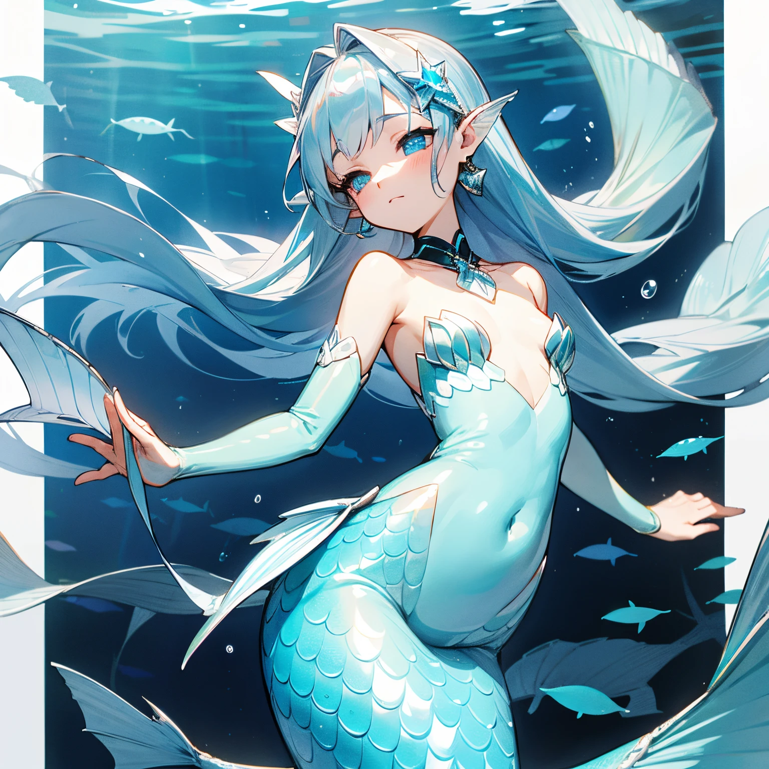 mermaid swimming in the sea。Blue scales。Thin scales from the shoulder down。silber hair。Earlobes are fins。Perfect scale arm cover。elegantly spread caudal fin。