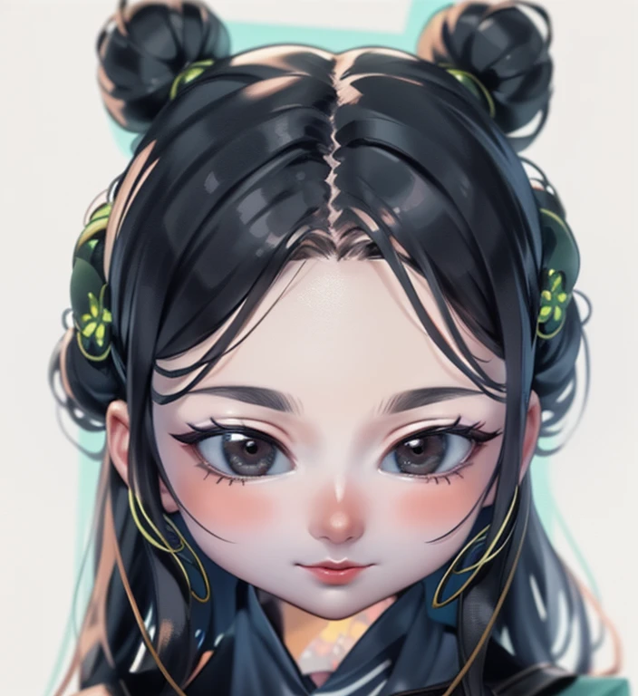 Double buns hair style, (masterpiece, top quality, best quality, official art, beautiful and aesthetic:1.2), (1girl:1.3), extreme detailed,(fractal art:1.3),colorful,highest detailed, full black eyes, small nose, small mouth, closed mouth