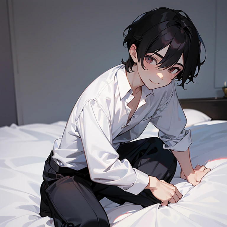 1 Boy, dark hair, white shirt, black slacks,on sheets, kneeling, sitting upright, shirt bare, （open clothes:1.0）, cool, evil smile,pale skin,(background: on bed in bedroom), frontal angle,sunset, high quality, high resolution, masterpiece