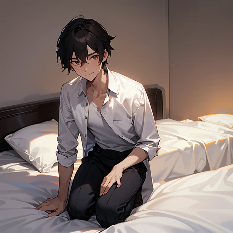1 Boy, dark hair, white shirt, black slacks,on sheets, kneeling, sitting upright, shirt bare, (open clothes:1.0), cool, evil smile,pale skin,(background: on bed in bedroom), frontal angle,sunset, high quality, high resolution, masterpiece