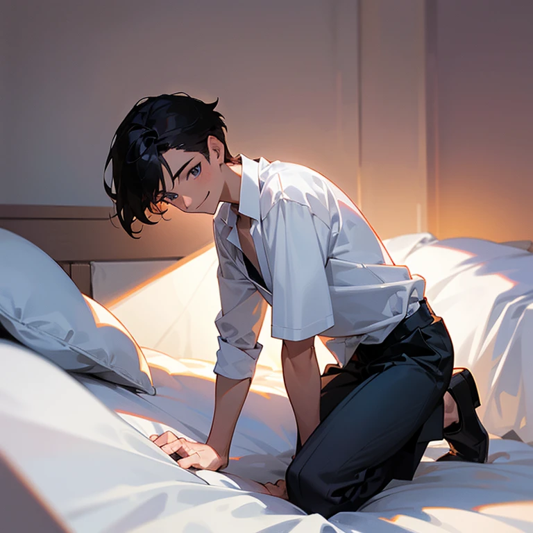 1 Boy, dark hair, white shirt, black slacks,on sheets, kneeling, sitting upright, shirt bare, (open clothes:1.0), cool, evil smile,pale skin,(background: on bed in bedroom), frontal angle,sunset, high quality, high resolution, masterpiece