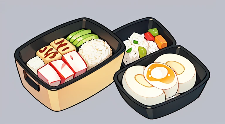 On a blank background Create an image of a Japanese Prison style bento box with a black outline. The bento box should be simple and utilitarian, reflecting the minimalistic and functional approach typical in a prison setting. The box itself is made of stainless steel, with a sleek and no-frills design. It contains neatly arranged, traditional Japanese food items, but they should look less appealing than a typical bento, with muted colors and a more austere presentation. Include items like plain rice, a small piece of grilled fish, pickled vegetables, and a boiled egg, all arranged in a straightforward and orderly manner. The background should be a plain table, emphasizing the stark and unadorned nature of the bento. The overall feel of the image should convey simplicity, functionality, and the sober reality of prison life in Japan