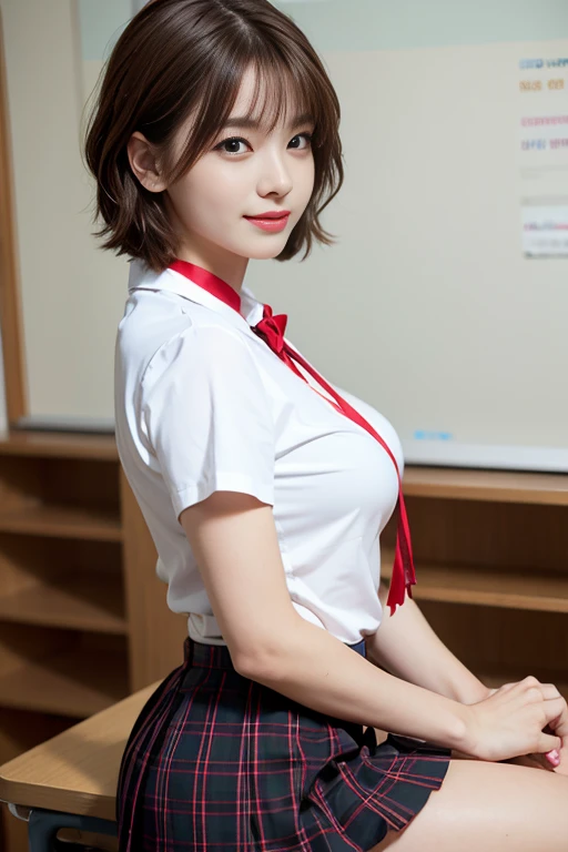 NSFW, 8k RAW photo, Best Quality, masutepiece, 超A high resolution, Film grain, filmg, 1girl in, Looking at Viewer, Natural Skin Texture, realistic eyes and face details, Full lips, lip stick, (makeup), Red eyeshadow, Fluffy short hair, hair messy, Smile, closes mouth, Beautiful legs, Tall lady, skinny, slim_Legs, Solo, huge-breasted, cleavage, Sensual Pose, Ultra short skirt, Ass, Shirt, classroom location, (Detailed background), red viki, No bra, huge-breasted, cleavage, Show a little cleavage through the shirt, lowfers, Blurry background, Blurry, Holding, Plaid, Short sleeves, JK ribbon on neck, JK Ribbon, Brown hair, 手链, Water, Bangs, School uniform, Jewelry, Parted lips, Lips, From Side, Pleated skirt, up skirt, depth of fields,a smile,