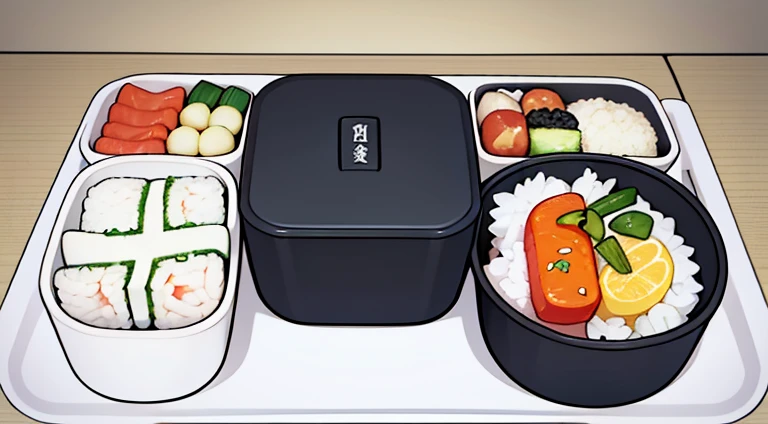 On a blank background Create an image of a Japanese Prison style bento box with a black outline. The bento box should be simple and utilitarian, reflecting the minimalistic and functional approach typical in a prison setting. The box itself is made of stainless steel, with a sleek and no-frills design. It contains neatly arranged, traditional Japanese food items, but they should look less appealing than a typical bento, with muted colors and a more austere presentation. Include items like plain rice, a small piece of grilled fish, pickled vegetables, and a boiled egg, all arranged in a straightforward and orderly manner. The background should be a plain table, emphasizing the stark and unadorned nature of the bento. The overall feel of the image should convey simplicity, functionality, and the sober reality of prison life in Japan