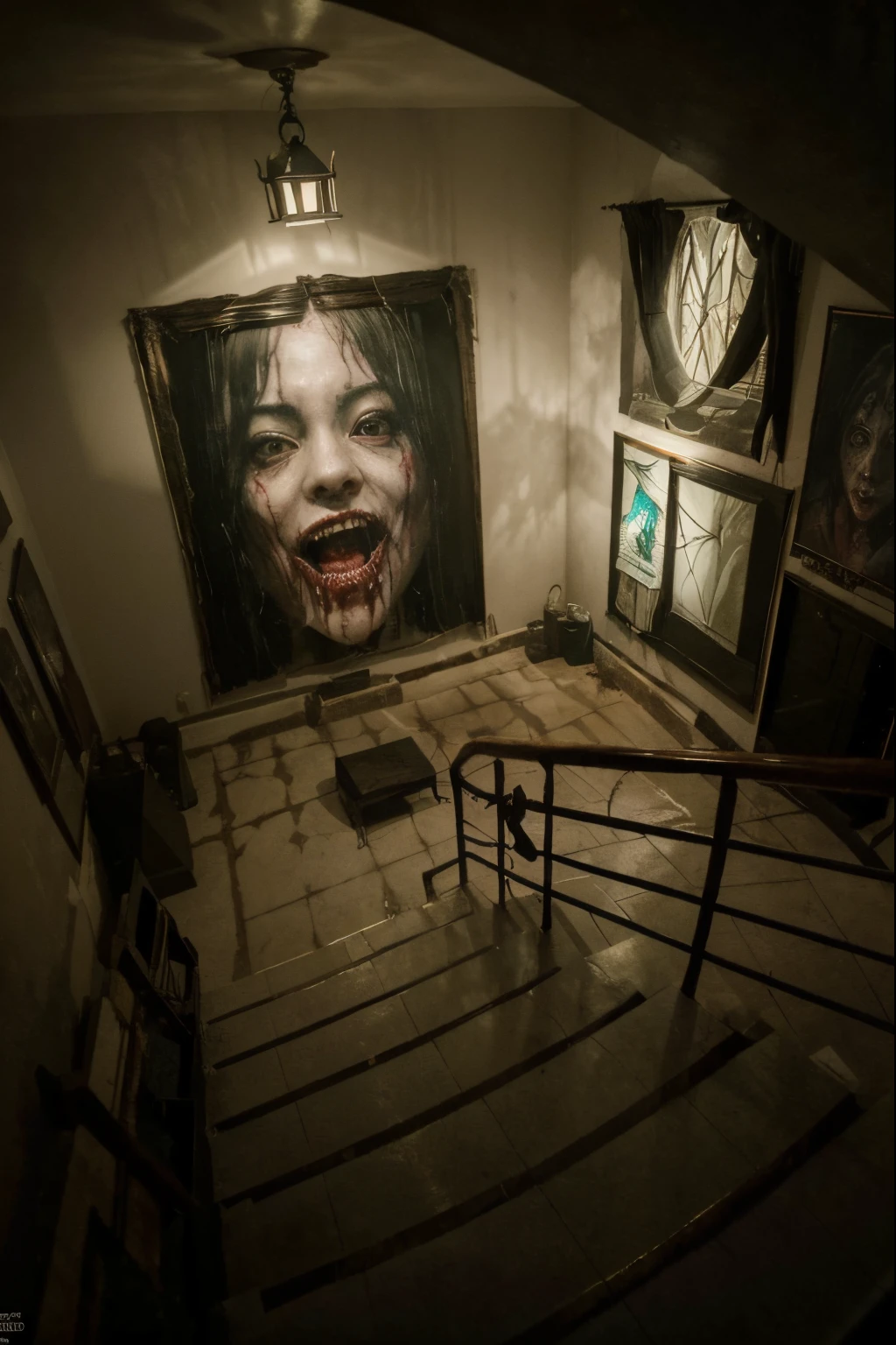 (Best quality, 8k, 32k, Masterpiece, UHD:1.2) "Generate a nightmarish and haunting art piece inspired by Junji Ito's 'Tomie,' featuring the horror character with all of her hair flowing upward in a supernatural and unsettling manner. Depict her with a terrifying, zombie-like face and bloodstains on her school uniform, creating a chilling atmosphere. Utilize dynamic lighting to intensify the horror, casting eerie shadows and highlights that enhance the macabre details of the scene. Emphasize the grotesque and nightmarish elements to capture the terrifying essence of Junji Ito's horror aesthetic." the lake reflection is Evil, Monstrous, other-wordily, cursed, scary, horror, ghosts