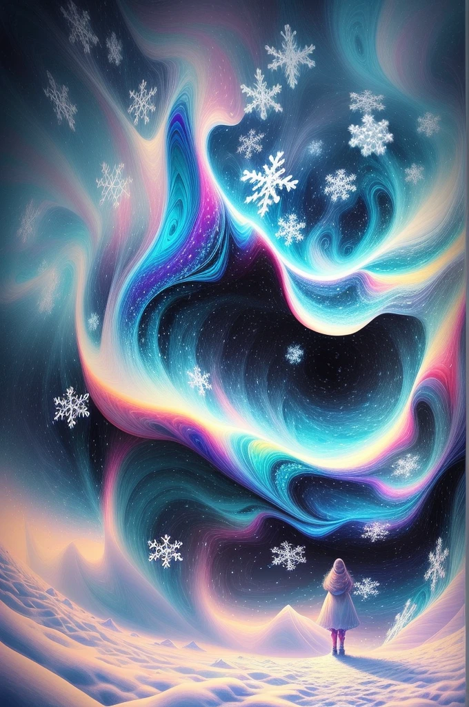 (Girl stands in front of white snow vortex: 1.5),((Pure white snowflakes, white snow around,The truth, expecting, depth of fields, insight, I got it, Monte, snow covered, translucent clouds, spectrum, in a panoramic view, snow cycle, Crazy, Web portals, The large, White light, global snowflake,The sky is covered with beautiful snowflakes)),Vibrant white light color,thickline,turbulent snowflakes,Multi-layered,foreground、Faraway view、fractal thunder dan mumford,danford and alex gray style,psychedelic surreal art,Surrealist psychedelic design,dream art style,Illusion psychedelic art,Infinite white snow psychedelic wave,inspired by Cyril Rolando (Cyril Rolando),Realistic snow ripple structure,Psychedelic snow art style,trippy art,psychedelic illustrations,(Alone),(RGB color,Ultra-high saturation)