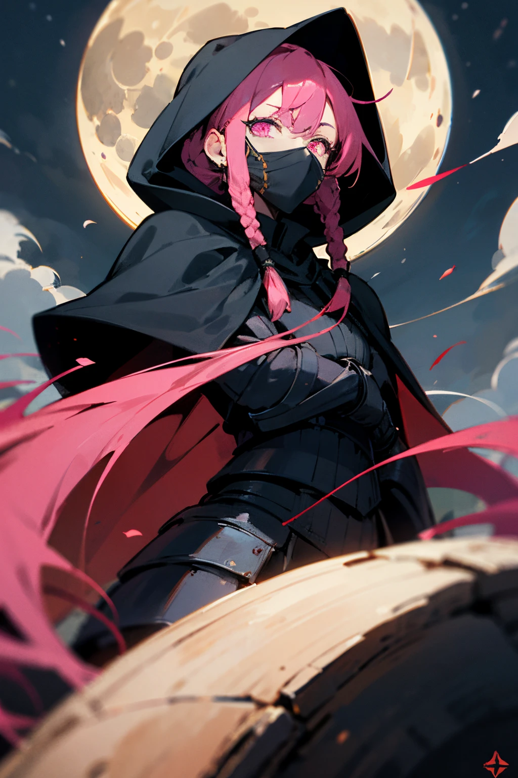 a black-robed Rogue with black armor, wearing a hood. Her hair is pink with dreadlocks, pink eyes, wearing a black mask that covers her mouth. your skin is brown. on a full moon night.