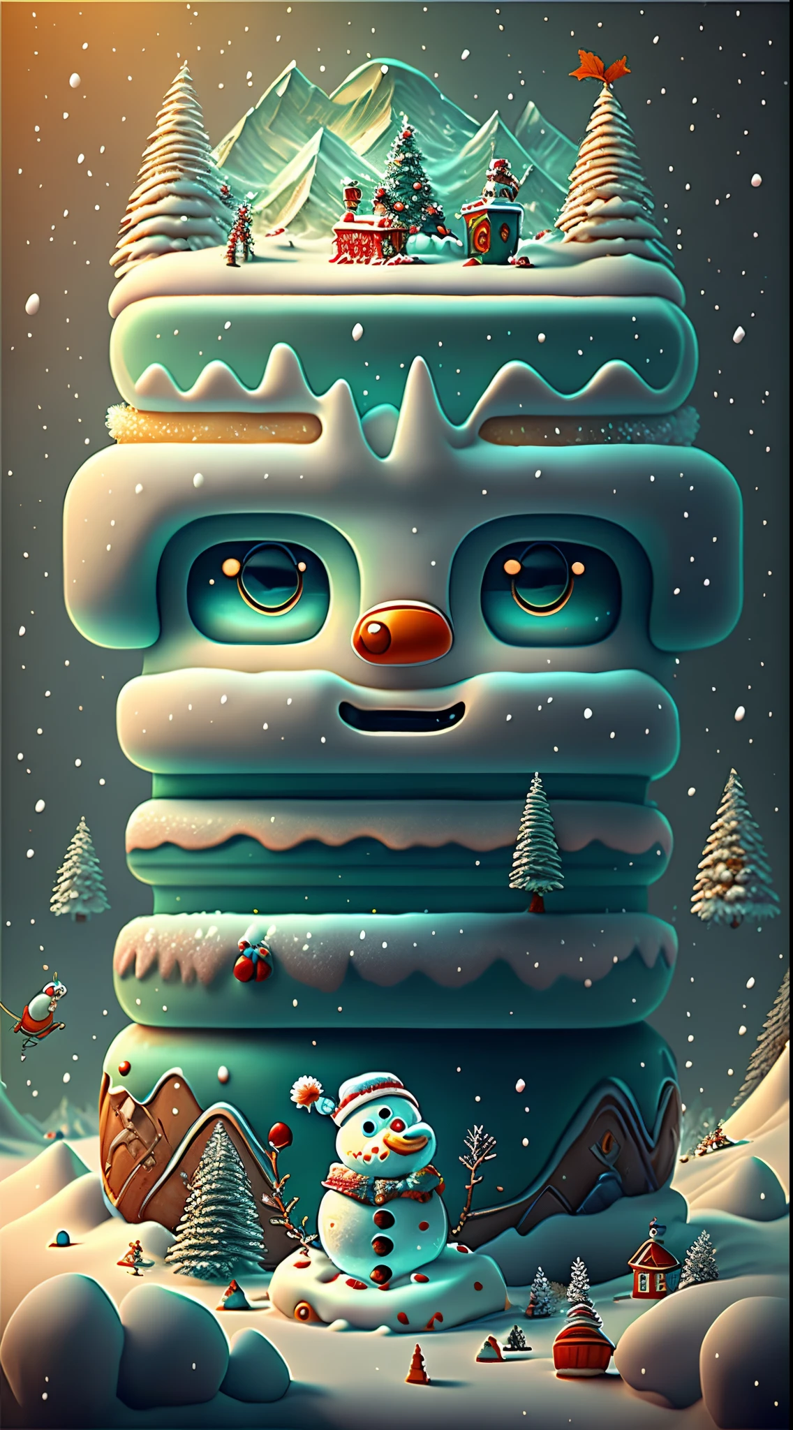 （Creative holiday poster design），（Huge snowy mountains），（Cute Snowman：0.8），pixar-style，Fantasyart，Surreal，,the ultra-detailed,