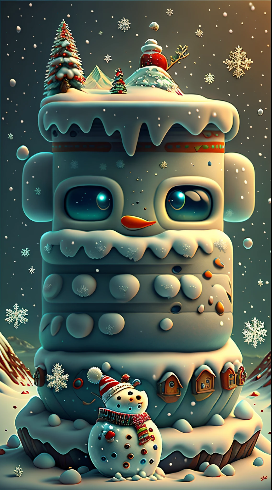 （Creative holiday poster design），（Huge snowy mountains），（Cute Snowman：0.8），pixar-style，Fantasyart，Surreal，,the ultra-detailed,
