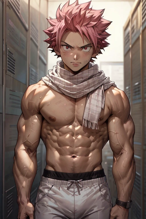 masterpiece, best quality red eyes, game cg, 1boy, solo, male focus, looking at viewer, upper body, Natsu Dragneel natsu_dragneel, pink hair, red eyes, shirtless naked, toned muscle, pectorals, 8 abs, toned legs, naked, slightly bulged, locker room, detailed, dynamic lighting, well lit, ((white scarf ))