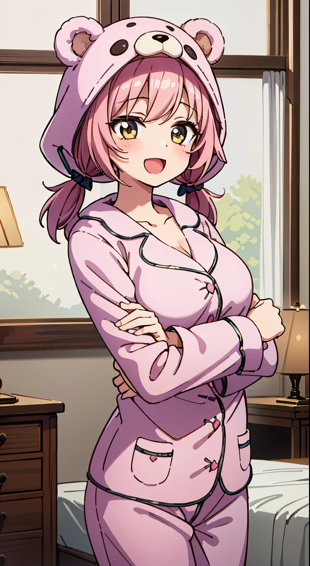 (((masutepiece, Rembrandt))), (Best Quality, photographrealistic, Hyper realistic, superfine illustration, 超A high resolution, Extremely detailed, Realistic background, Detailed background, Large_filesize:1.2),
BREAK,
1 beautiful girl, Solo,(Cute:1.5),(Chibi:0.8), (kawaii:1.5),(Lori:0.5), BREAK, (girl, Cute, Cheerful, face, medium breasts:1.2),(Pink hair,disheveled short twin tails,tareme,Gold eyes:1.2),gleaming skin,Clear skin, cleavage of the breast,Beautiful , gleaming skin,Clear skin, Beautiful skin,( A smile:1.5),(best quality face),(Top quality glowing eyes), (The best smile,Doya face:1.45), BREAK (Pink Theme:1.4), (Vivid colors:1.3), (bear ear hooded pajamas:1.45), hugging a teddy bear, Sparkle effect, random colored petals, Many petals, Fluttering petals, prismatic effects,
BREAK,(morning), inside in room,Gothic bedroom, a canopy bed,huge window,naked girl poster,coke,on back, tusk, Open mouth, Looking away,depth of fields,
BREAK,wakame,wakame,wakame,(Cowboy Shot:1.4),
BREAK,(Blurry background:1.3),(absurderes, hight resolution, Super Detail Art),cel shading,Clear Color, Lonely optical effect, Beautiful pictures, Bright glow, mystic atmosphere,(Close-up of girl:1.1), Mystical light particle effect,manga influence, clean line drawings,