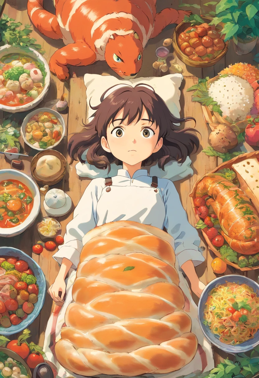 Lying down and looking at the food