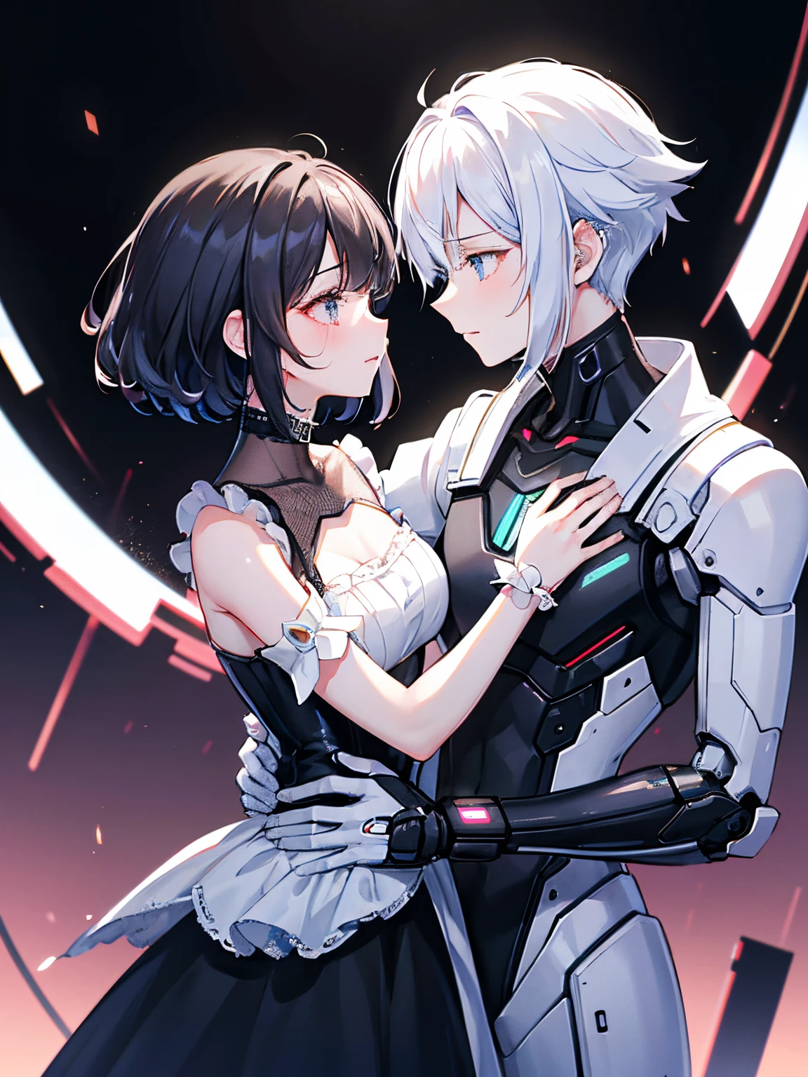A love story between an android and a human in their 20s、tragic love、android(male people、A dark-haired、short-hair、The whole body is made of machines、Even the ears are made of machines.)、The human(femele、white hair、wearing frilly clothes、Crying face)Cyberpunk background、dark backgrounds