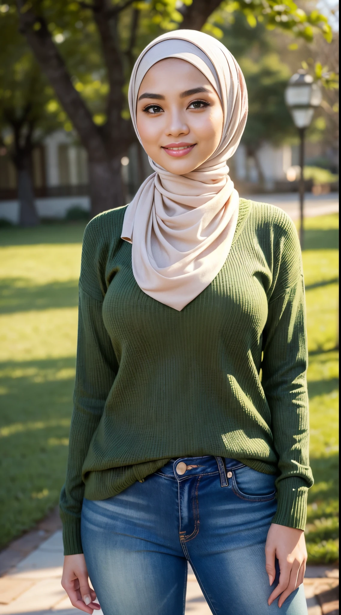 RAW, Best quality, high resolution, masterpiece: 1.3), beautiful Malay woman on hijab (iu:0.8), perfect nose,perfect lips, beutifull face, perfect eyes, detail :1.2),((big breast)), masterpiece, best quality, ultra-detailed, beautiful lighting, malay Woman in hijab, tight jeans, (green eyes:1.3), (white sweater:1.2), turtleneck, standing up, in park, beautiful scenery, slight blush, smiling, (cute smile:1,1), (glossy lips:1.1), (beautiful eyes:1.1), wonderful backround, closed mouth, arms_behind_back, short hair