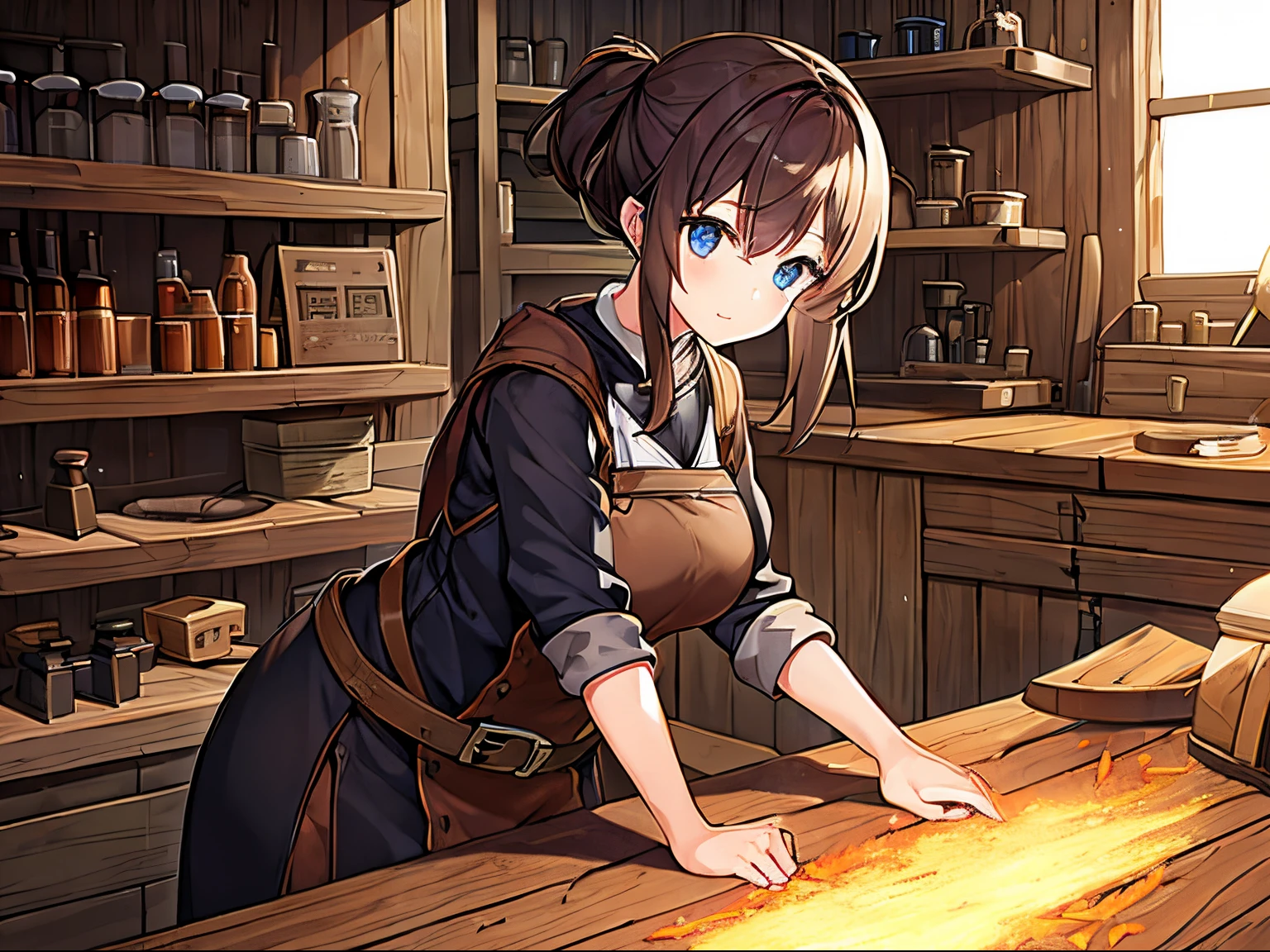 1girl, blacksmith, forging, blacksmith's workshop