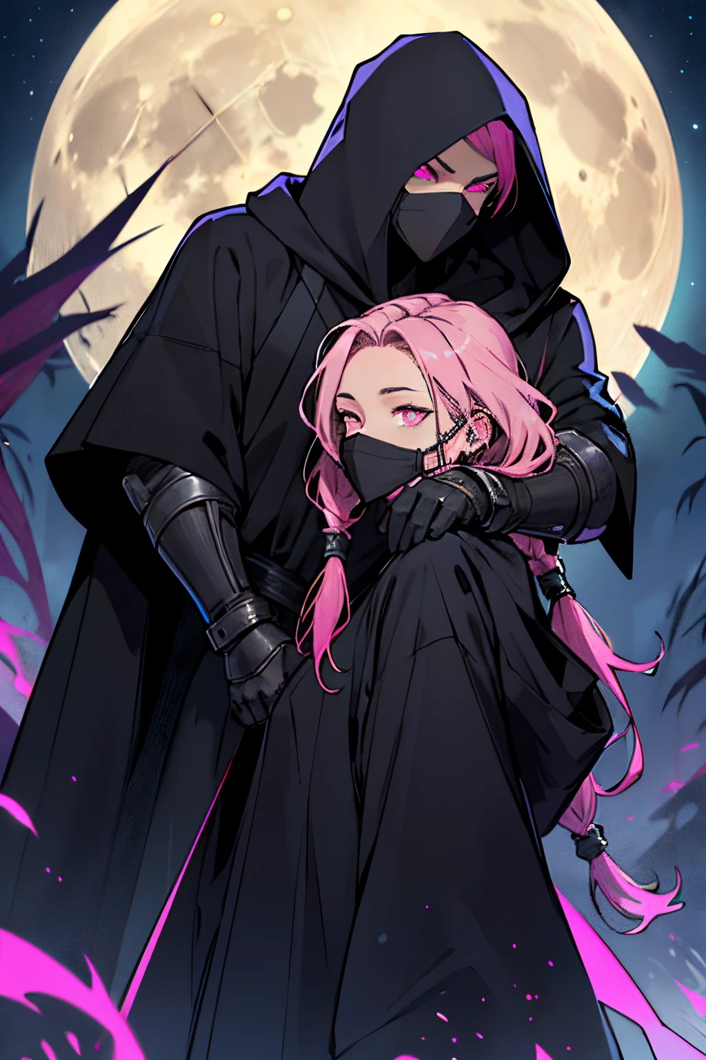 a rogue man in black robes with black armor, wearing a hood. Her hair is pink with dreadlocks, pink eyes, wearing a black mask that covers her mouth. your skin is brown. on a full moon night.