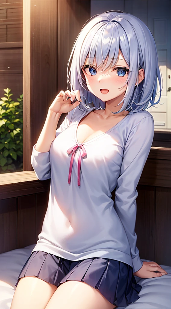 mid-shot, Look at viewers, hands behind back, girl with, 20 years old, Very short hair, long bangs between eyes, hair over shoulder, Grey Hair, Floating hair, ^ ^, pale blue eyes, Short dress, Hoodie, Skirt, Bare shoulder, White clothes, , Extremely detailed,(masterpiece、top-quality)、独奏、1womanl、White hair、the tips of the hair are blue、Blue eyes、A smile、White skin as clear as snow、Small breasts, Silver hair, Blue eyes, Beautiful eyes, Girl, Ecstasy, charmed, be smitten with audience, Hoodie, Hoodie with open front, Shoulder out,on the beds,inside in room,laying on back,open open mouth