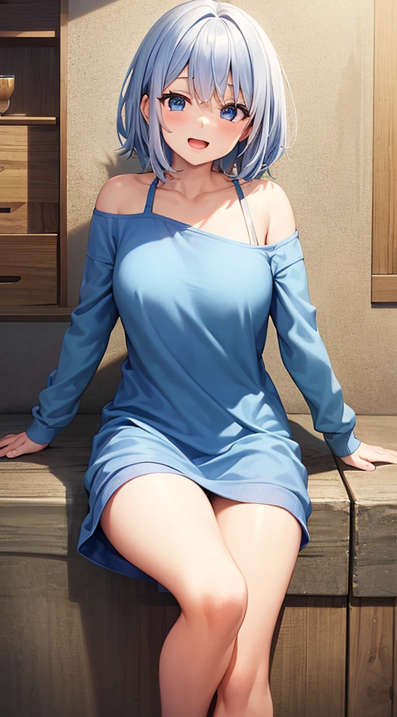 mid-shot, Look at viewers, hands behind back, girl with, 20 years old, Very short hair, long bangs between eyes, hair over shoulder, Grey Hair, Floating hair, ^ ^, pale blue eyes, Short dress, Hoodie, Skirt, Bare shoulder, White clothes, , Extremely detailed,(​masterpiece、top-quality)、独奏、1womanl、White hair、the tips of the hair are blue、Blue eyes、A smile、White skin as clear as snow、Small breasts, Silver hair, Blue eyes, Beautiful eyes,  Girl, Ecstasy, charmed, be smitten with audience, Hoodie, Hoodie with open front, Shoulder out,on the beds,inside in room,laying on back,open open mouth