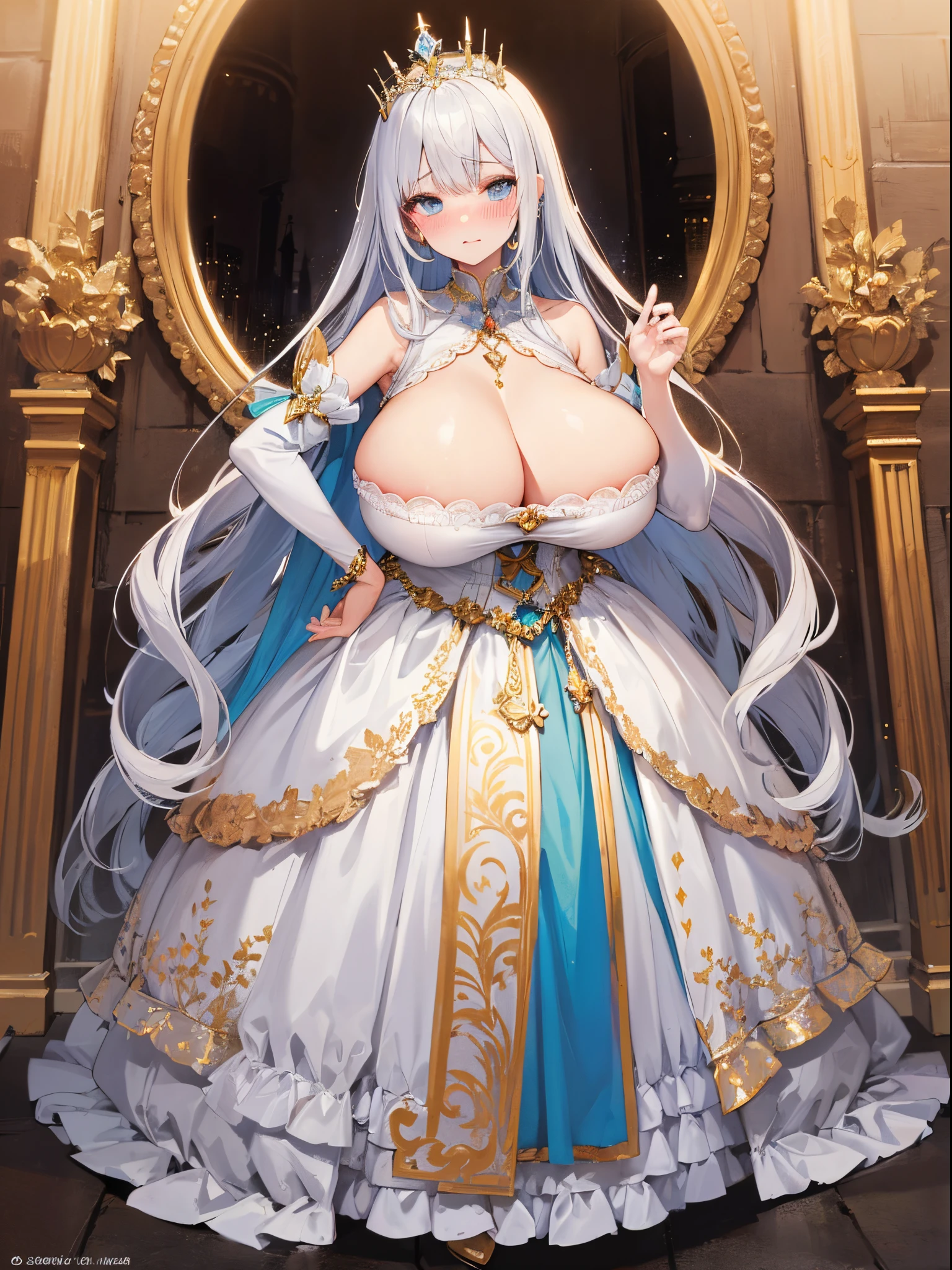 ultra-detailed, extremely detailed,((anime artstyle)),Masterpiece,(Best Quality),(Super Detail),(Very Delicate and Beautiful),cinematic lighting,((Solo)),(((full body))),full body,((detailed face and eyes)),perfect eyes, rendered eyes,jewel-like beautiful eyes,cry,((embarrassed,blush)),((1 princess in beautiful embroidery and jeweled gorgeous rococo ballgown with frilled voluminous full length hoop skirt)),((Crinoline)),beautiful embroidery and jeweled gorgeous rococo ballgown with frilled voluminous full length hoop skirt,(large amount of straight hair,extremely voluminous Very Long straight Hair,Absolutely Long Straight Hair),sparkly skin,(((very gigantic boobs))),skindentation,Bursting breasts,cleavage,((fantasy castle,outdoors,outside the castle)),long_gloves,extremely gorgeousfull jeweled hair ornament,(bling-bling extremely gorgeousfull jeweled tiara),(luxurious jewelry),full body,beautiful embroidery and jeweled gorgeous rococo ballgown with frilled voluminous full length hoop skirt