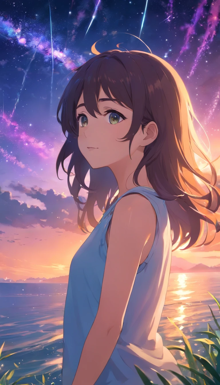 A girl,A half body,The entire galactic starry sky,the sunset,云,a gorgeous,Twinkling starlight,boundless,Wonderful attraction。