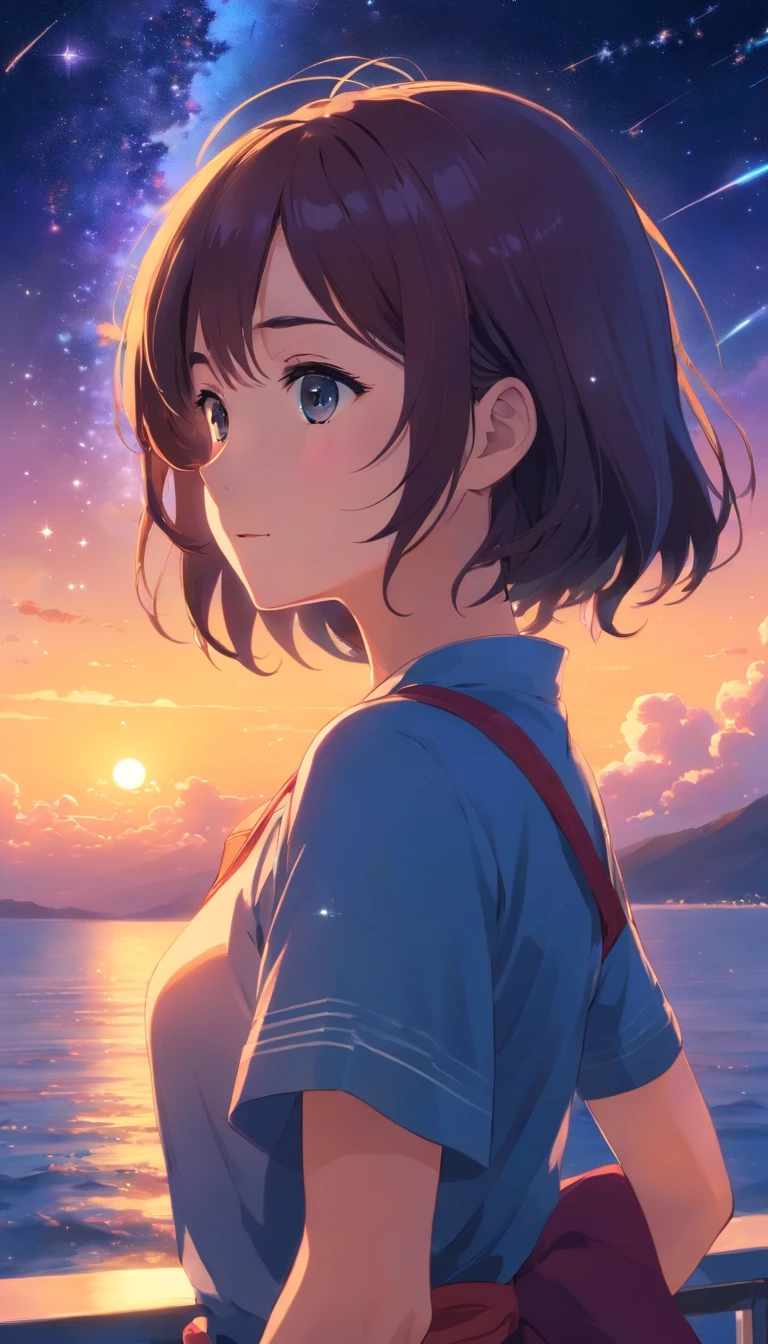 A girl,A half body,The entire galactic starry sky,the sunset,云,a gorgeous,Twinkling starlight,boundless,Wonderful attraction。