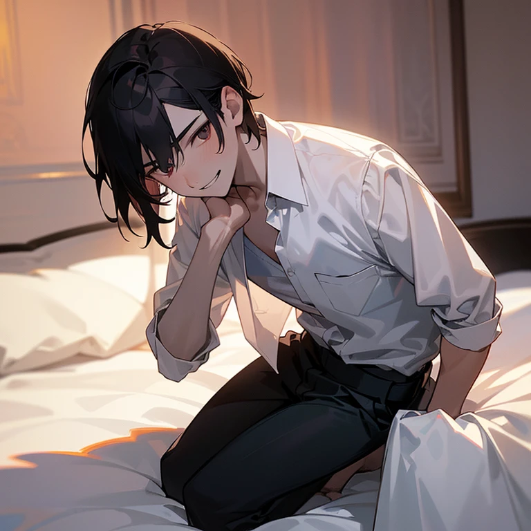 1 Boy, dark hair, white shirt, black slacks, on sheets, kneeling, sitting upright, tucked out shirt, (open clothes:1.0）, cool, evil smile,pale skin,(background: on bed in bedroom), frontal angle,sunset, high quality, high resolution, masterpiece