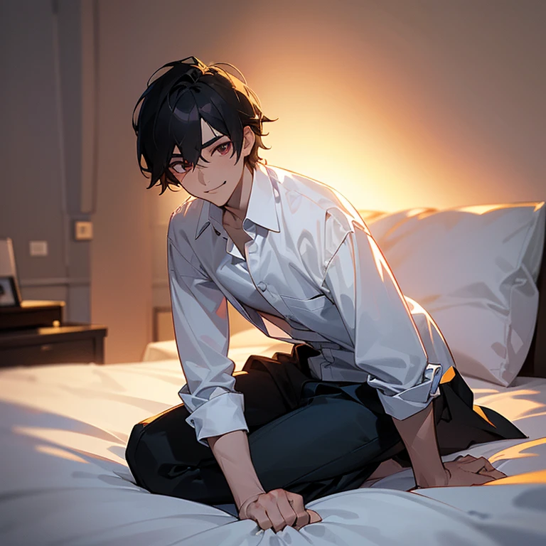 1 Boy, dark hair, white shirt, black slacks, on sheets, kneeling, sitting upright, tucked out shirt, (open clothes:1.0), cool, evil smile,pale skin,(background: on bed in bedroom), frontal angle,sunset, high quality, high resolution, masterpiece