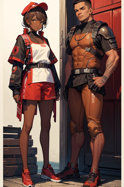 ((best quality)), ((masterpiece)), (detailed), detailed, full body, pose, brown, cream, red, dark skinned, sports clothing, streetwear, techwear, soldier, medievil