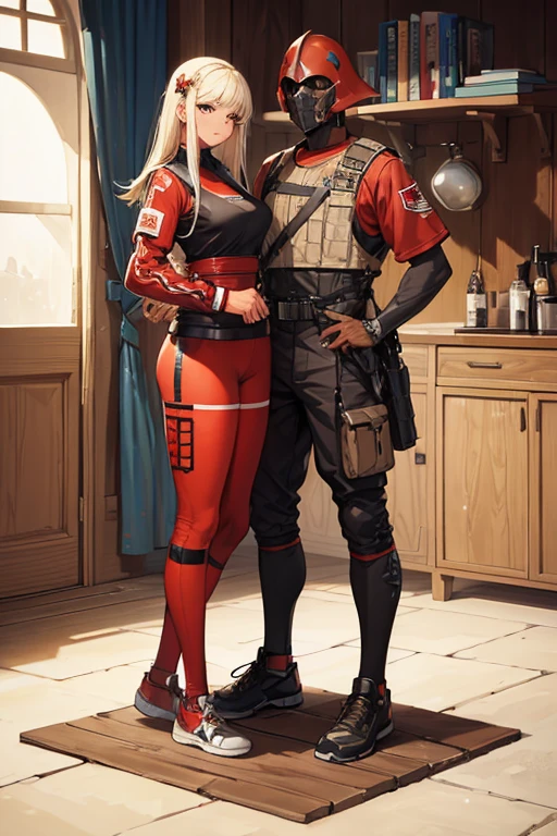 ((best quality)), ((masterpiece)), (detailed), detailed, full body, pose, brown, cream, red, dark skinned, sports clothing, streetwear, techwear, soldier, medievil